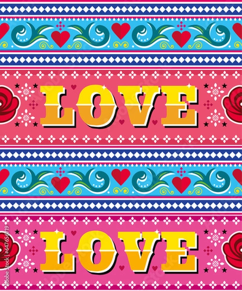 Obraz Love Pakistani and Indian truck art style vector seamless pattern with text and flowers - Valentine's Day

