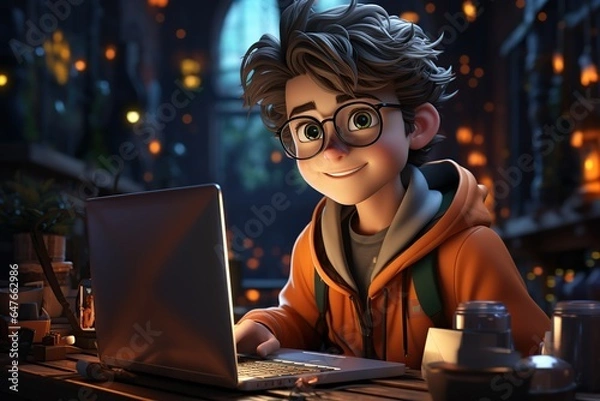 Fototapeta Computer programmer, 3d cartoon, simple background, generative AI