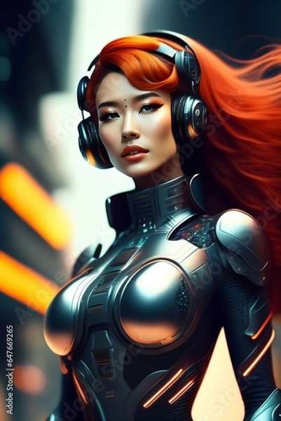 Fototapeta Women portrait A beautiful synthetic cyborg female falling.