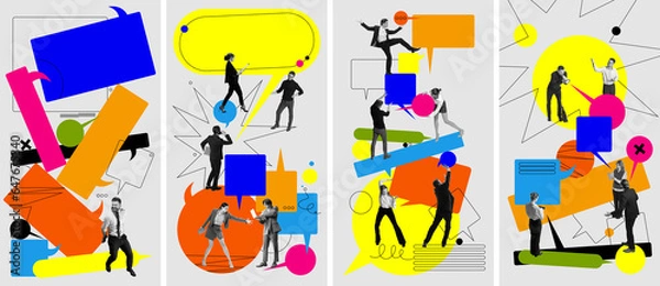 Fototapeta Career development. Employees actively working, growing professional skills. Contemporary art collage. Concept of business, office, communication. Poster. Copy space for ad. Banner