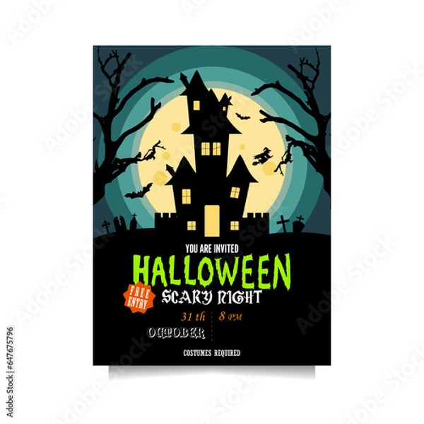 Fototapeta Halloween party invitation with a castle in the middle, bats, graves and a witch on a broom in full moon