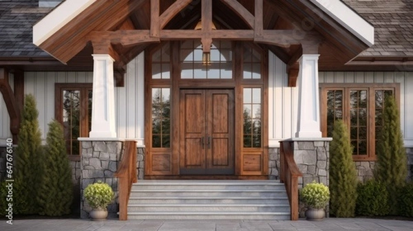 Fototapeta A beautifully designed wooden front door and steps in a stylish house