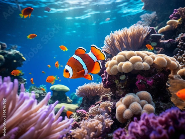 Fototapeta colorful coral garden bustling with marine life like clownfish, wrasses, and dottybacks, natural lighting