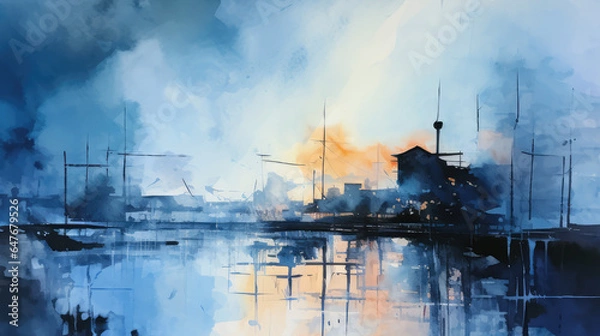 Fototapeta Modern dawn brilliant city harbor abstract oil painting with bold strokes in blue and orange color for Living room bedroom aisle fashion decor, Generative AI