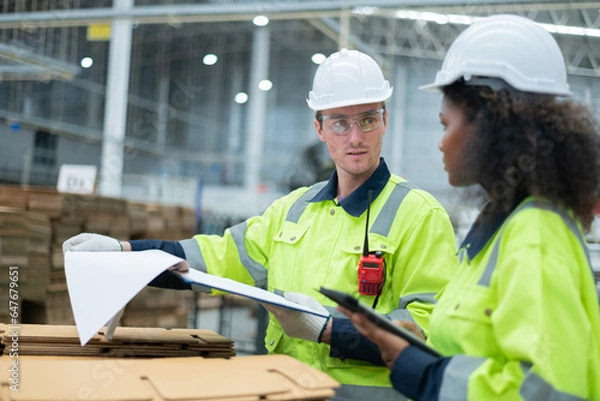 Fototapeta Employees are inspecting products in the factory. They are working together in the building.