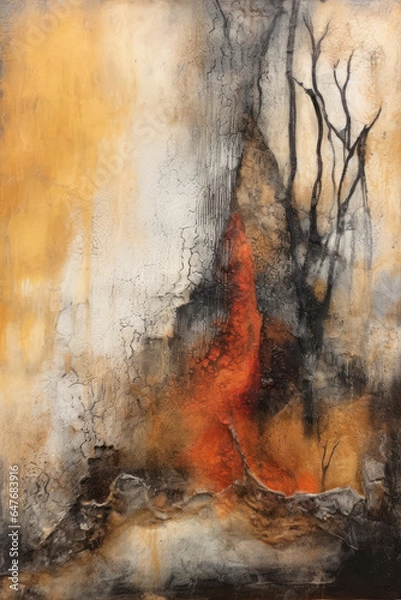 Fototapeta abstract painting on paper with orange and brown colors, ethereal wood, weathered materials, eroded interiors, Generative AI