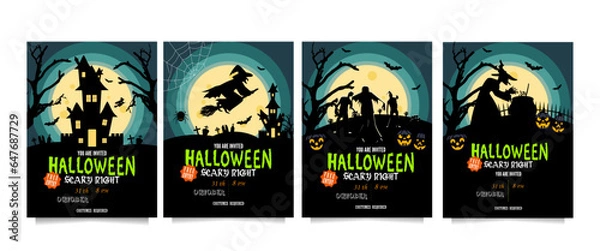 Fototapeta Halloween party invitations or greeting cards set with handwritten text, zombies, pumpkins, witches, graves and bats