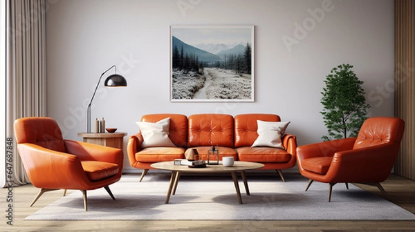 Fototapeta 
Cadeiras minimalistas de couro laranja em design de interiores redondo escandinavo de meados do século da moderna sala de estar