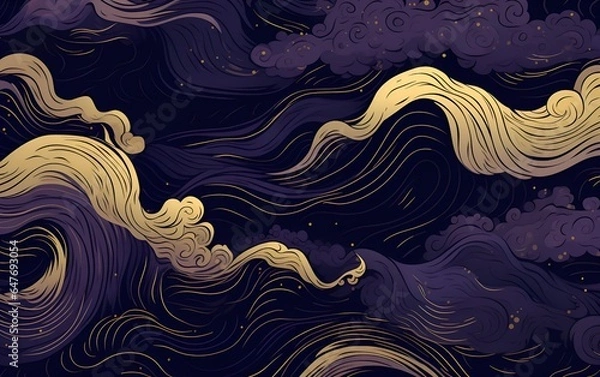 Fototapeta Seamless pattern with waves, in black, purple and gold style, in japanese style