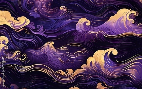 Fototapeta Seamless pattern with waves, in black, purple and gold style, in japanese style