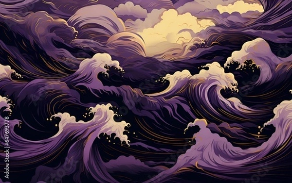 Fototapeta Seamless pattern with waves, in black, purple and gold style, in japanese style