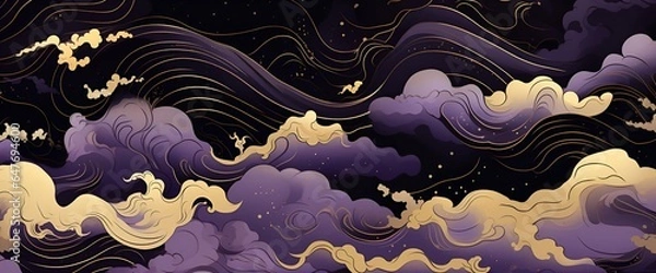 Fototapeta Seamless pattern with waves, in black, purple and gold style, in japanese style