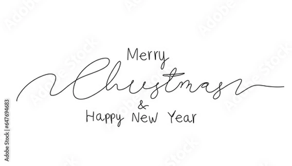 Fototapeta Continuous one line drawing of lettering Merry Christmas And Happy New year. Festive hand drawn text
