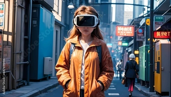 Obraz VRゴーグル・VRヘッドセットを付けたお洒落な女性のAIイラスト（AI生成画像）
