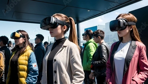 Obraz VRゴーグル・VRヘッドセットを付けたお洒落な女性のAIイラスト（AI生成画像）
