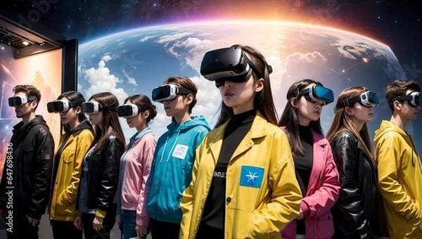 Obraz VRゴーグル・VRヘッドセットを付けたお洒落な女性のAIイラスト（AI生成画像）
