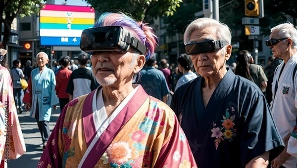 Obraz VRゴーグル・VRヘッドセットを付けたお洒落な老人のAIイラスト（AI生成画像）
