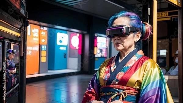 Obraz VRゴーグル・VRヘッドセットを付けたお洒落な老人のAIイラスト（AI生成画像）
