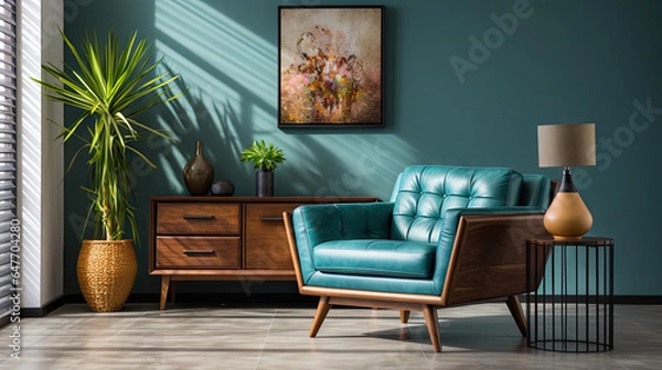 Fototapeta Mid Century Modern Living Room with Turquoise Lounge Chair and Wooden Chest