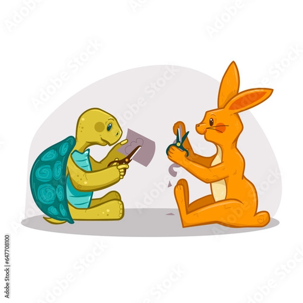 Obraz Tortoise and hare characters cutting paper with scissors, vector illustration