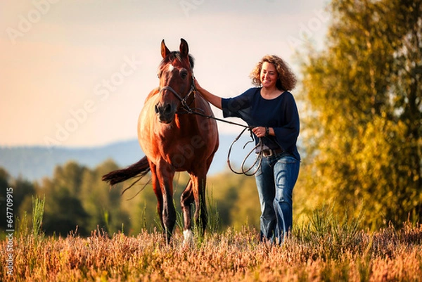 Fototapeta Horse is led by a woman over heather, woman smiles and strokes her horse..