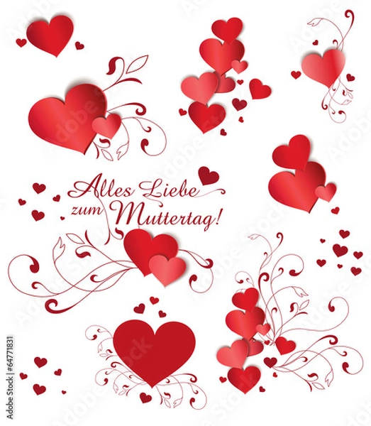 Fototapeta Set mit Herzen für Muttertag in Rot