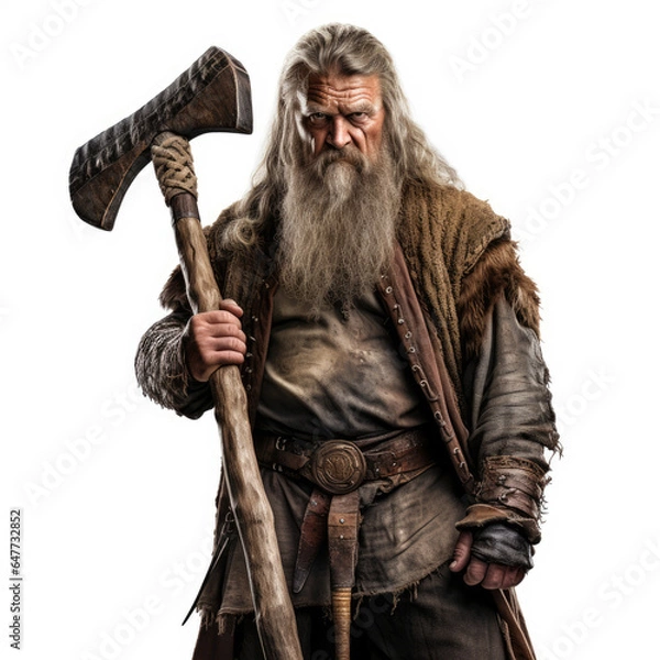 Obraz A serious old viking warrior with an axe, ready for battle. On a white background. Generated with AI