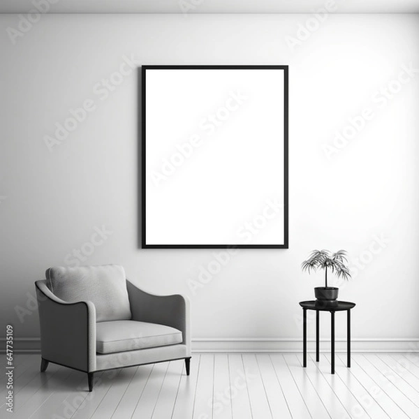 Fototapeta Minimalist Workspace: Black and White Home Office with Blank White Wall Frame Mockup