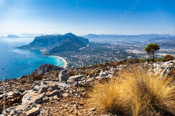 Obraz The panoramic view over Mondello bay and Monte Pellegrino from the top of Mountain Gallo in Sicily, Italy