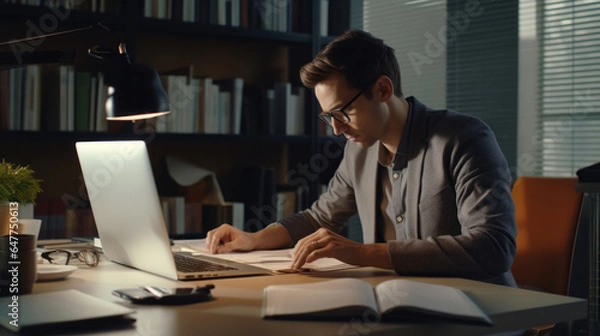 Fototapeta Focused Endeavor: A Diligent European Man with Glasses Engrossed in Evening Paperwork, Seamlessly Juggling between Laptop Tasks at His Office Desk at Home.