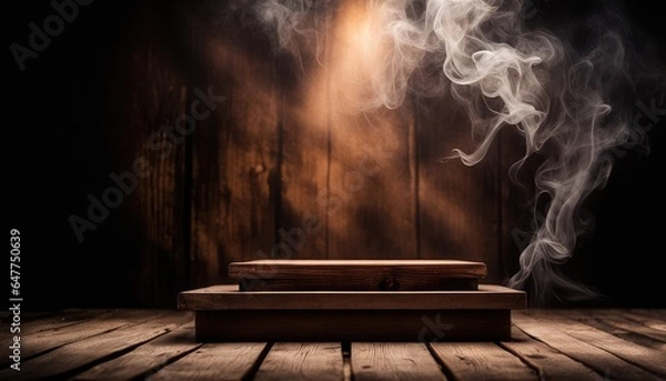 Obraz Empty Blank Old Dark Brown Wooden Table Podium Stand Platform White Smoke Smog Fume Dim Light Glow Grudge Wall Background Eerie Rustic Backdrop Halloween Creepy Banner Mockup Product Display Showcase
