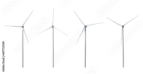 Fototapeta four wind turbines or windmills, technology for sustainable electric generation.isolated image.