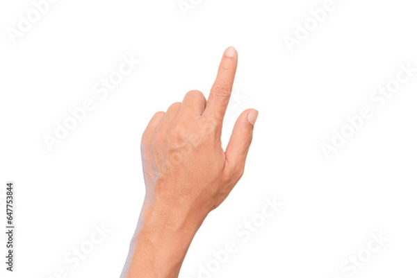Fototapeta man hand point finger at the target - business targeting, aiming, focus concept. white background, isolate.