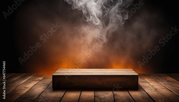 Obraz Empty Blank Old Dark Brown Wooden Table Podium Stand Platform White Smoke Smog Fume Dim Light Glow Grunge Wall Background Eerie Rustic Backdrop Halloween Creepy Banner Mockup Product Display Showcase