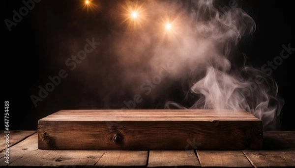 Obraz Empty Blank Old Dark Brown Wooden Table Podium Stand Platform White Smoke Smog Fume Dim Light Glow Grunge Wall Background Eerie Rustic Backdrop Halloween Creepy Banner Mockup Product Display Showcase