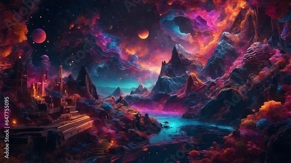 Fototapeta Colorful Fantasy Landscape With Crescent And Star Drawing Moon And Star Fantasy Art Fantasy Landscape Illustration Starry Sky Whimsical Night Sky AI Generative