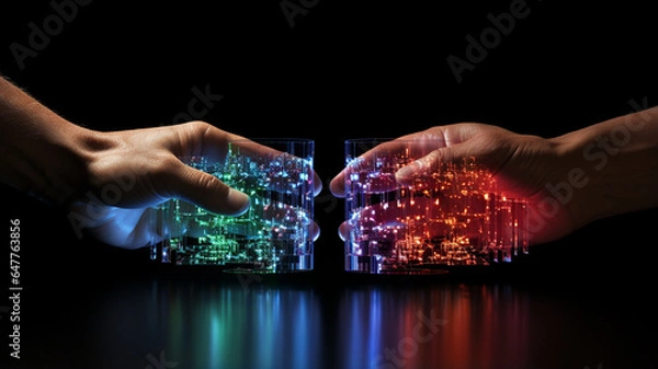 Fototapeta In the future we will exchange information through gloves, technologically advanced objects, microchips installed on us will project holograms and information