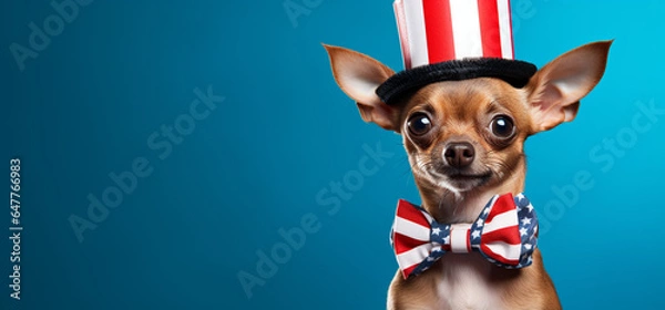 Obraz A dog wearing an American flag hat and bow tie on a blue background