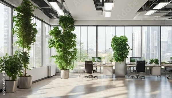 Fototapeta Green office design with house plants for carbon dioxide reduction