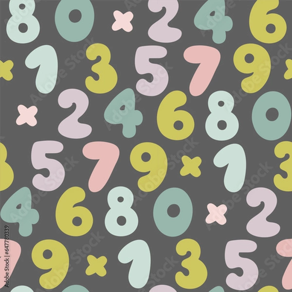 Fototapeta Seamless pattern with hand drawn numbers. Vector background with colorful pastel numbers on a white background