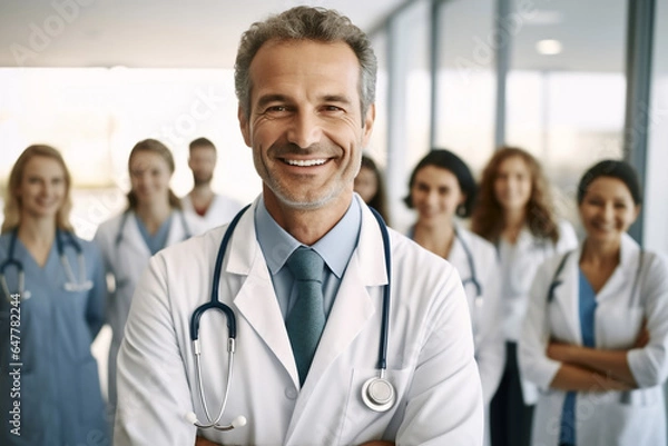 Fototapeta A male caucasian doctor is standing while beaming with confidence with the team behind in a modern hospital