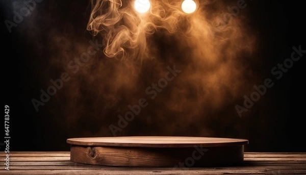 Obraz Empty Blank Old Dark Brown Wooden Table Podium Stand Platform White Smoke Smog Fume Dim Light Glow Grunge Wall Background Eerie Rustic Backdrop Halloween Creepy Banner Mockup Product Display Showcase