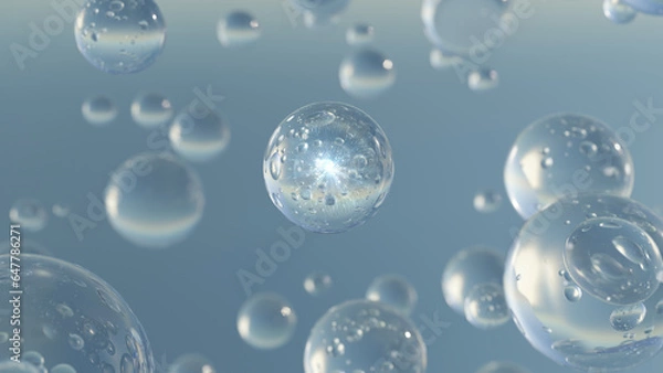 Obraz Transparent balls, holographic liquid blobs floating in space, and artistic bubbles. Background cosmetic bubble design Backdrop with bubbles on the water with an abstract science style. 