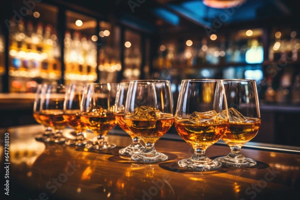 Fototapeta Glasses of whiskey with ice are on the bar