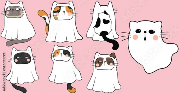Fototapeta Ghost Cat Set for Halloween and Cats with Halloween Costumes Funny Spooky Cat Bundle Wearing Ghost Costume for Halloween Background