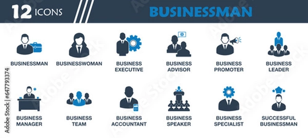 Fototapeta Businessman Icon Set. Collection of Businesswomen, Business Executive, Leader, Manager, Speaker, Team, Accountant, Advisor, Promoter, Specialist and More Icons. Editable Flat Vector Illustration.