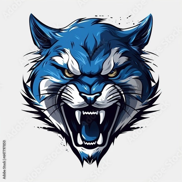 Obraz Aggressive wildcat, BLUE with black accents, illustration logo, sports style, png, blank background,Generative ai	