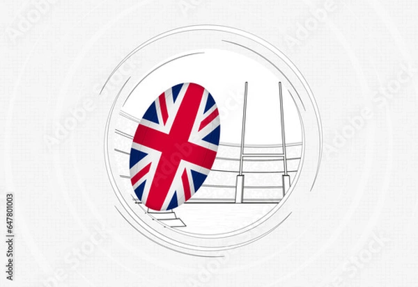Fototapeta United Kingdom flag on rugby ball, lined circle rugby icon with ball in a crowded stadium.