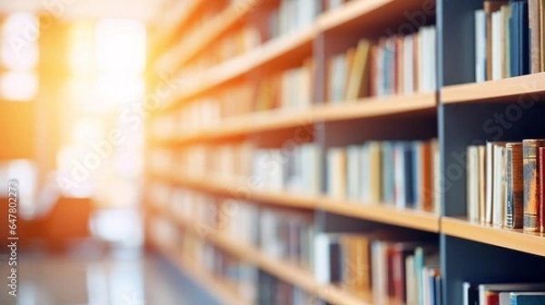 Obraz Abstract blurred public library interior space. blurry room with bookshelves by defocused effect. use for background or backdrop in business or education concepts 