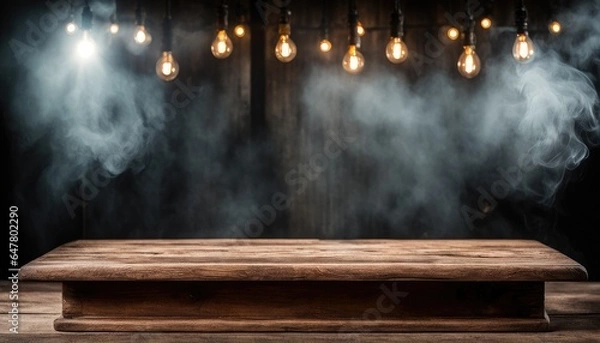 Obraz Empty Blank Old Dark Brown Wooden Table Podium Stand Platform White Smoke Smog Fume Dim Lamps Glow Grudge Wall Background Eerie Rustic Backdrop Halloween Creepy Banner Mockup Product Display Showcase 